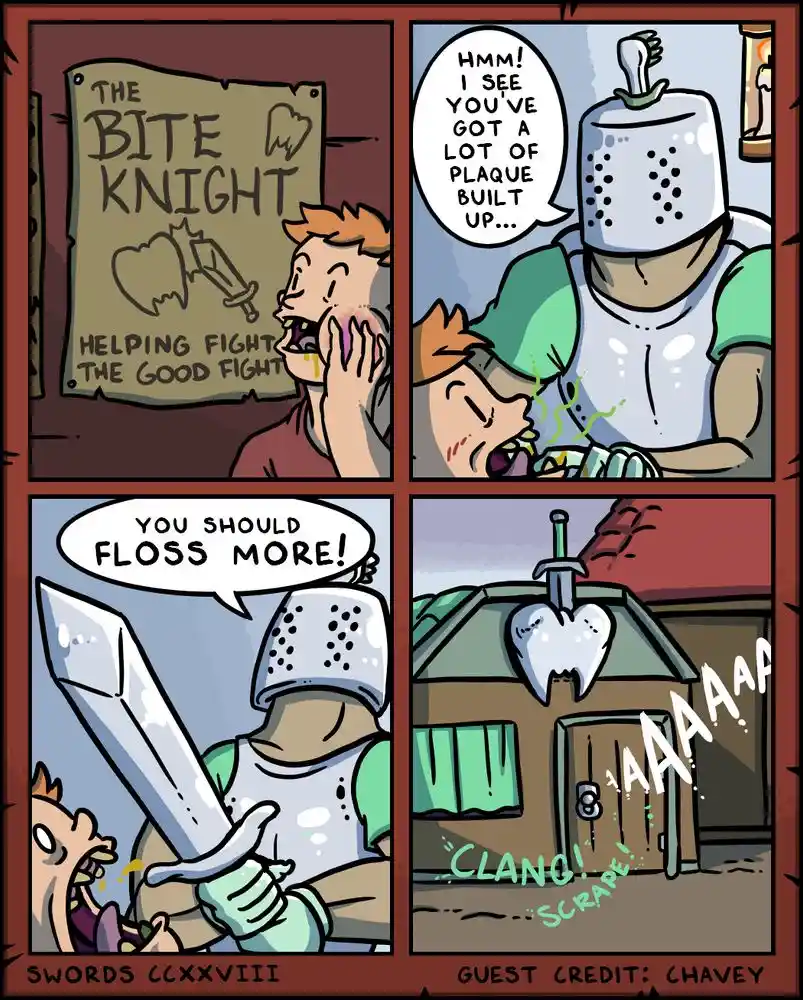 A four-panel comic shows a man looking at a sign for 'The Bite Knight' dental service. A knight in armor examines his mouth…