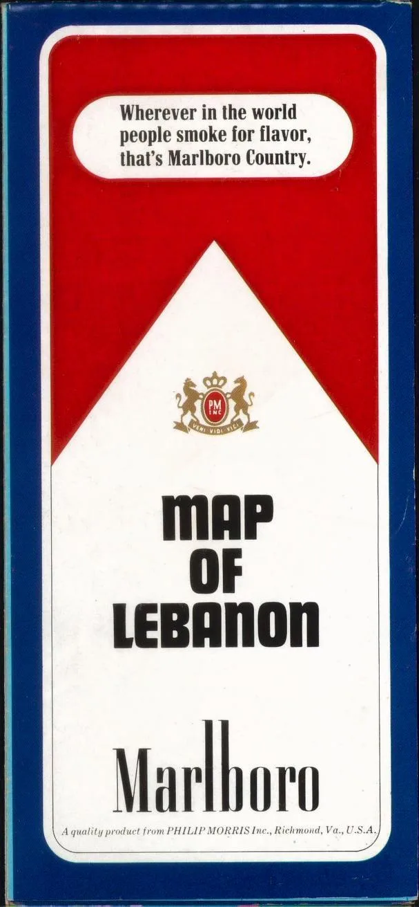 An image of a vintage Marlboro cigarette pack, which has been altered to read 'MAP OF LEBANON' instead of 'MAP OF THE…