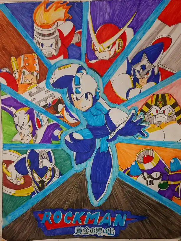 A hand-drawn fan art illustration features the central character Mega Man (Rockman) in his classic blue armor, surrounded by…