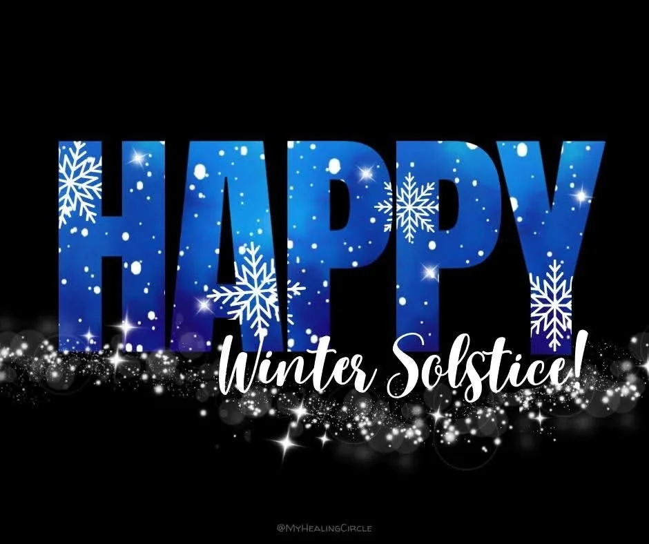 The image displays the words 'HAPPY Winter Solstice!' in large, stylized blue letters with white snowflakes and sparkles…