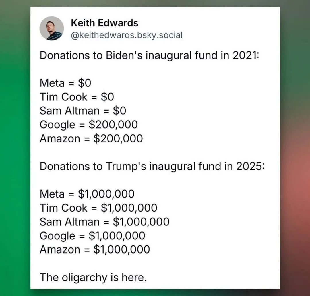 A screenshot of a social media post by Keith Edwards comparing donations to Biden's 2021 inaugural fund versus Trump's 2025…