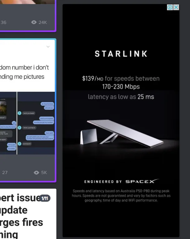 The image displays a Starlink advertisement with text detailing $139/month for speeds between 170-230 Mbps and latency as…