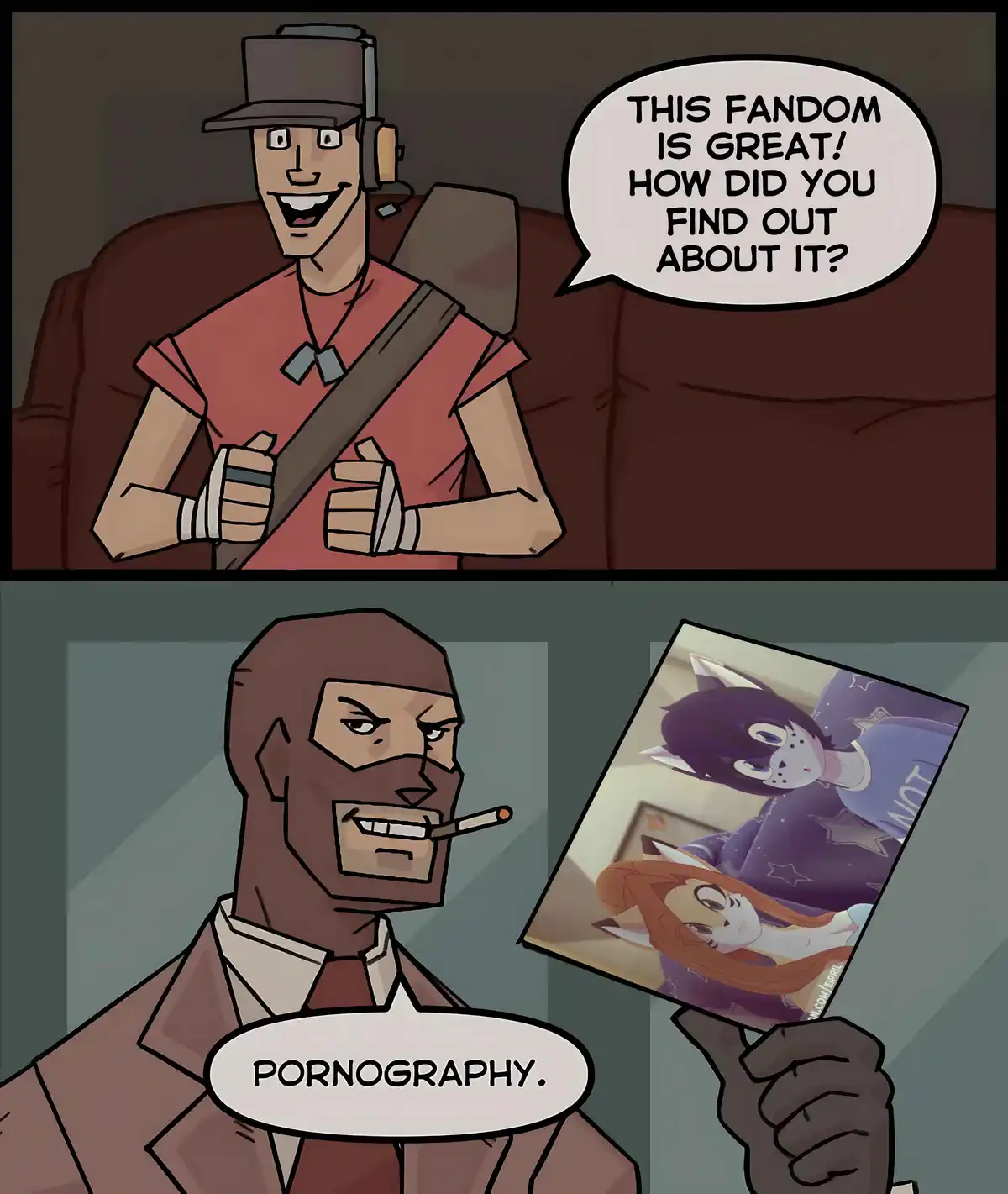 The top panel shows a cheerful cartoon man in a cap and backpack asking, 'THIS FANDOM IS GREAT! HOW DID YOU FIND OUT ABOUT…