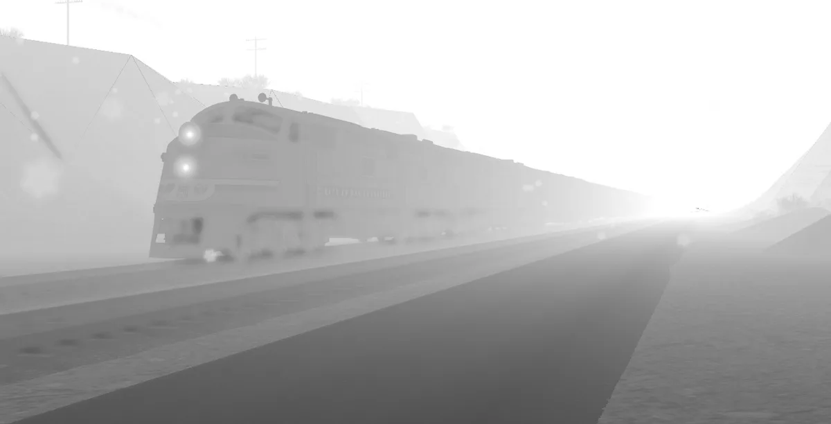A grayscale image of a train labeled 'CITY OF SAN FRANCISCO' moving toward a bright, blinding light on a foggy track…