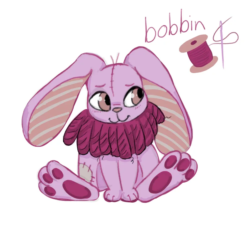 A pink cartoon bunny with large ears and stitched features sits with a sad expression, wearing a frilly purple collar. Above…
