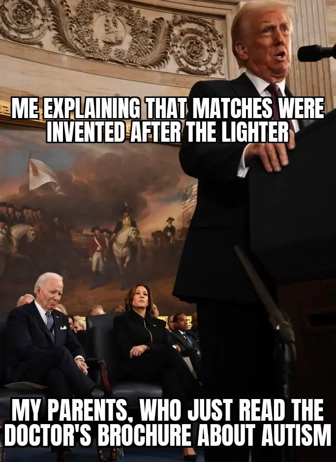 A photo of Donald Trump speaking at a podium with Joe Biden and Kamala Harris seated in the foreground. White bold text…