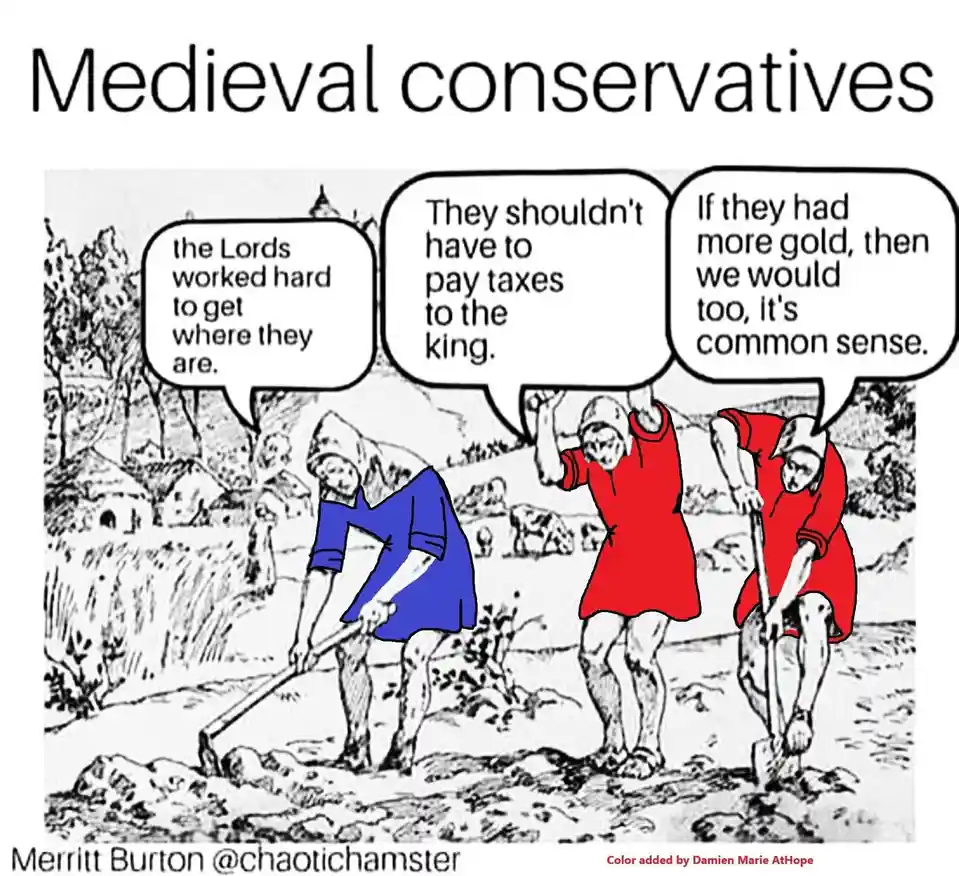 A black-and-white cartoon depicts three medieval peasants digging in a field, with speech bubbles showing them arguing about…