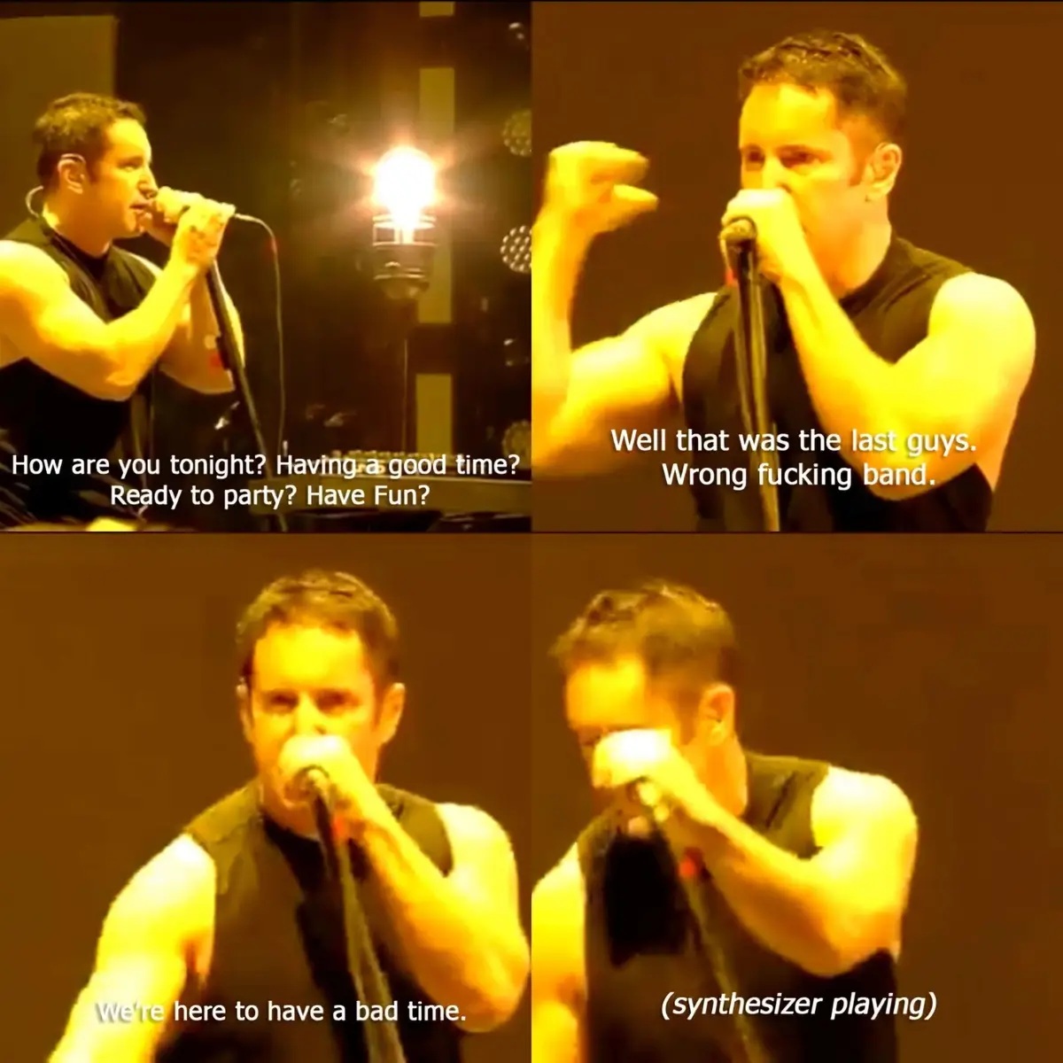 A four-panel image shows a male singer on stage in a black sleeveless shirt, performing under warm yellow stage lights. In…