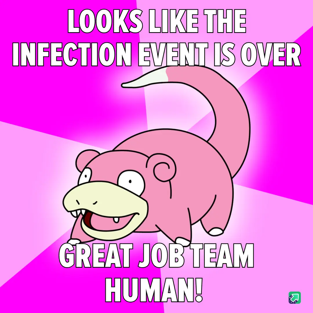 A pink cartoon creature with a wide, toothy grin and a long tail is centered against a bright pink and magenta background…