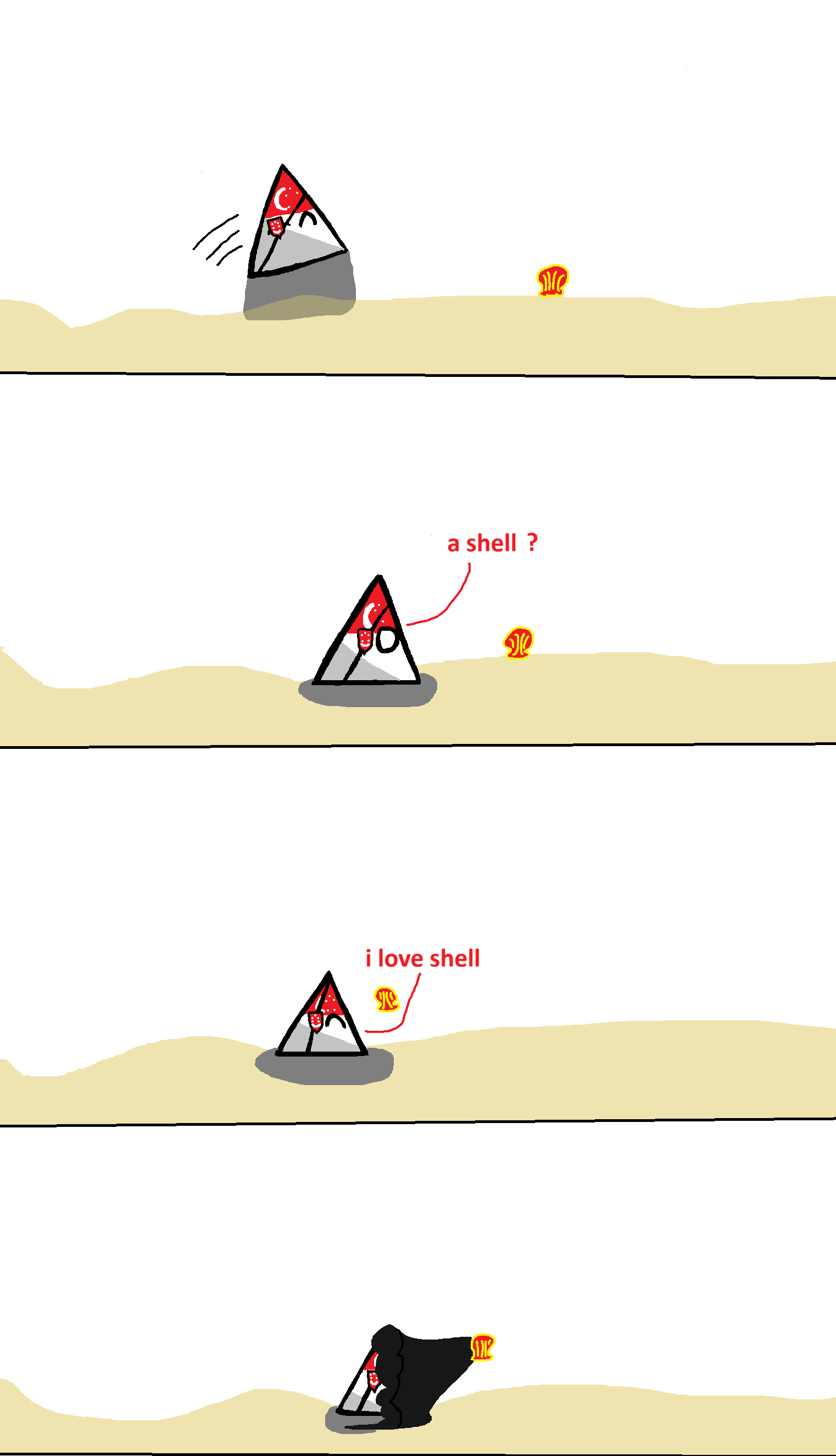 A three-panel comic shows a triangular country person with a red crescent flag noticing a yellow shell on the sand. They…