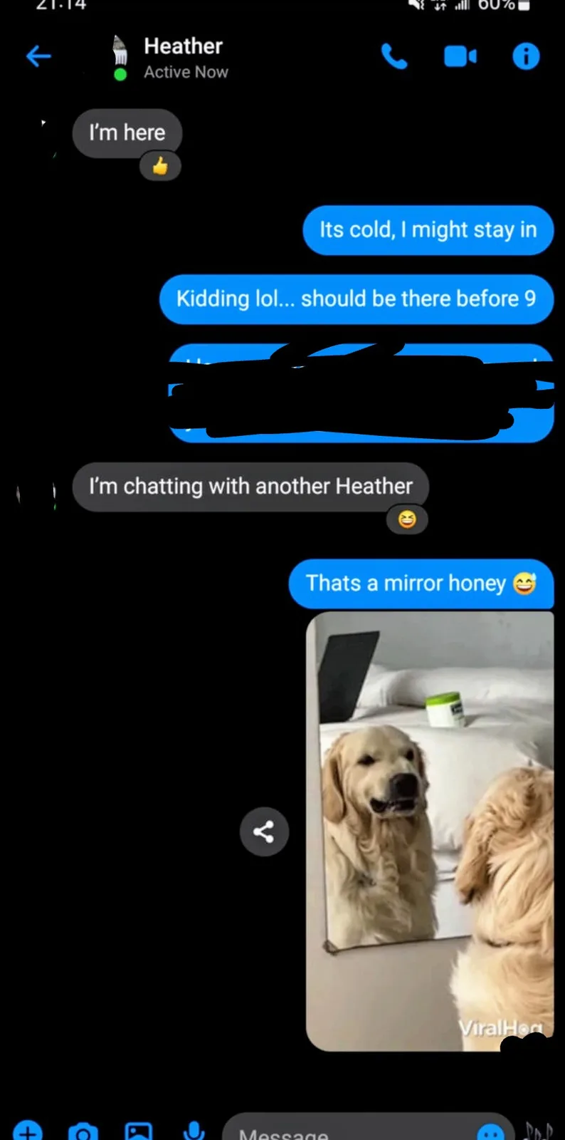 A screenshot of a text chat with a contact named Heather, where the user says they're chatting with 'another Heather' after…
