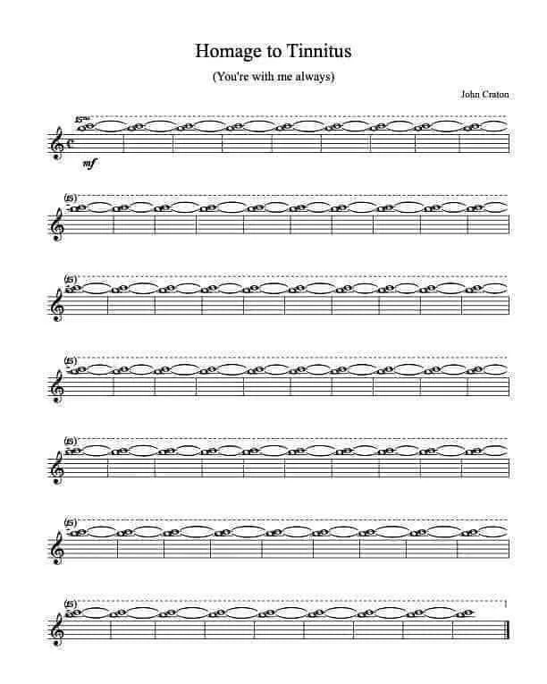 A sheet music image titled 'Homage to Tinnitus (You're with me always)' by John Craton, featuring repetitive musical…