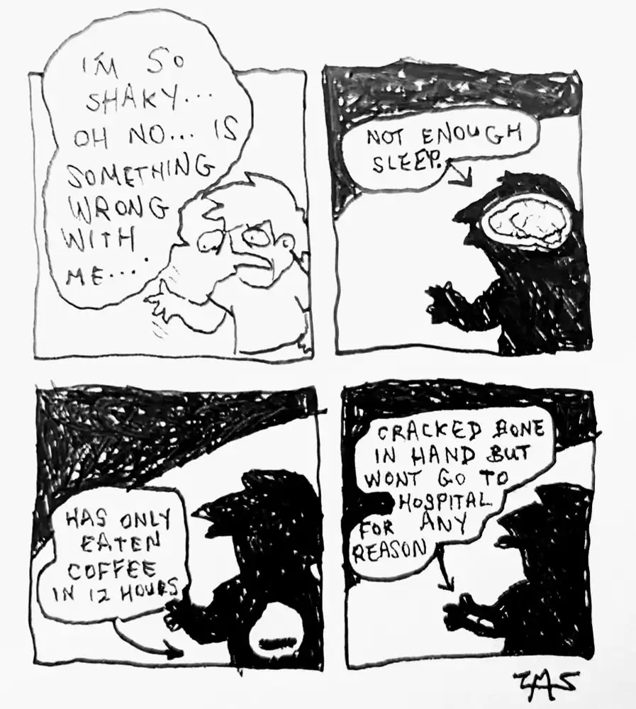 A four-panel comic strip shows a person panicking about being shaky, then a shadowy figure revealing the causes: lack of…