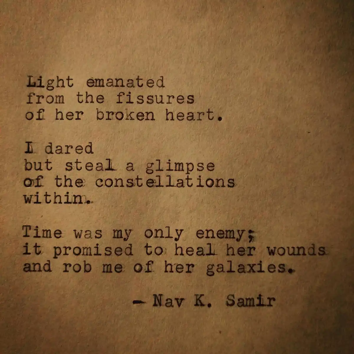 The image displays a close-up of aged, brown paper with typewritten text in a classic serif font. The text is a poetic…