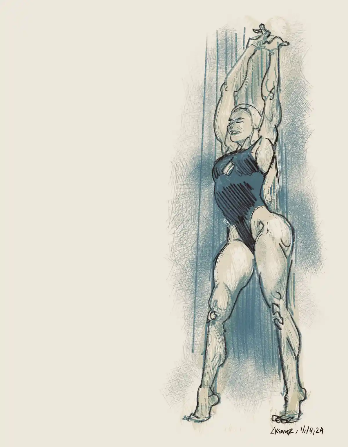 A sketch-style drawing shows a muscular woman in a leotard standing with her arms raised, holding a piece of clothing above…