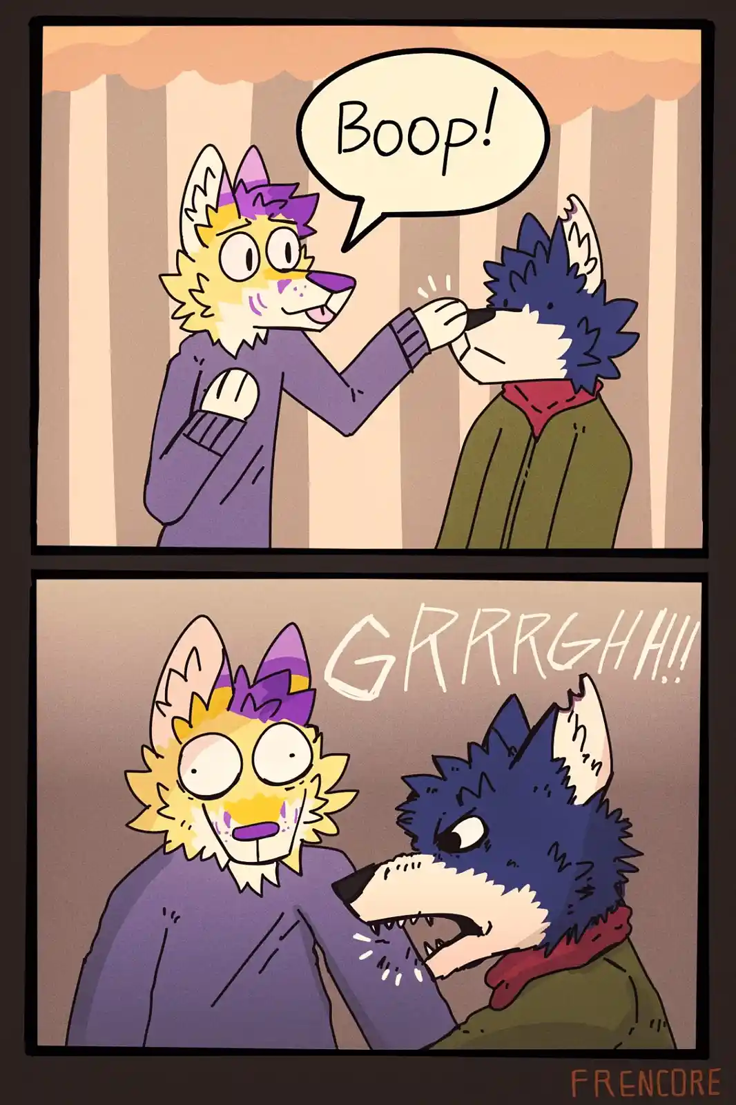 Two anthropomorphic wolf characters are shown in a two-panel comic. In the top panel, a yellow-furred wolf with purple ears…