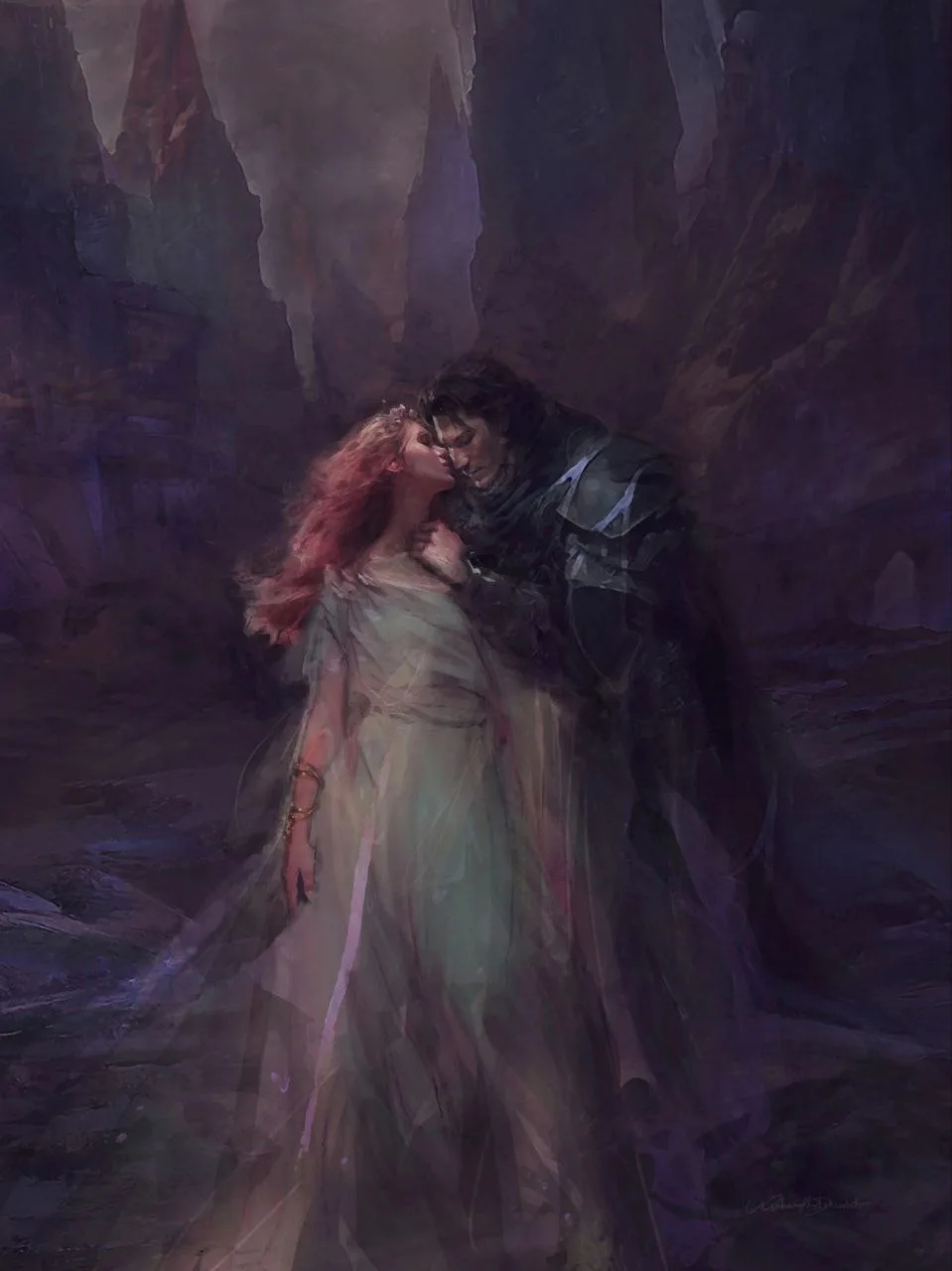 A romantic fantasy painting depicts a man in dark armor kissing a woman with long red hair in a cavernous, purple-lit…