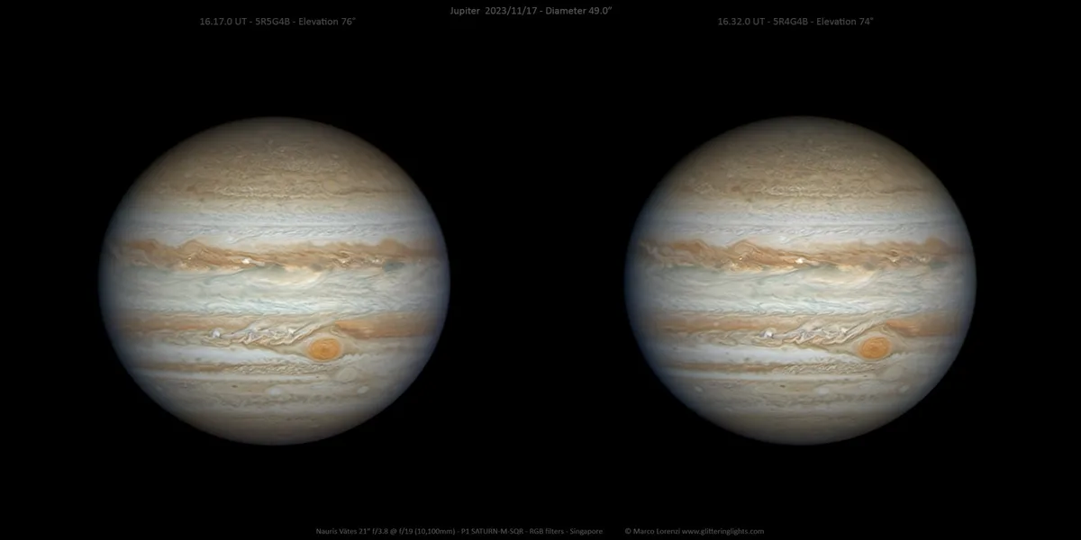 Two side-by-side astronomical photos of Jupiter show the planet's swirling bands and Great Red Spot. The image includes…