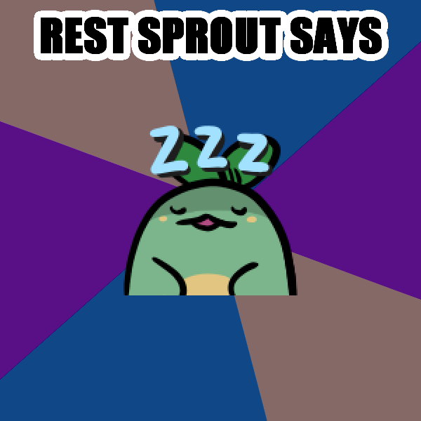 A cartoon green sprout character with closed eyes and 'Zzz' above its head, indicating sleep, is centered on a colorful…