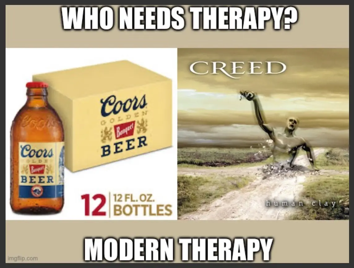 The image is split: left side shows a Coors Golden Beer 12-pack, right side shows the album cover for Creed's 'Human Clay'…