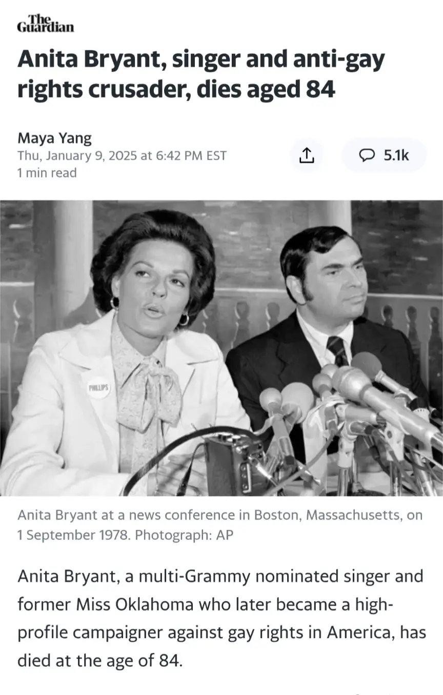 A black-and-white news article screenshot from The Guardian shows a photo of Anita Bryant speaking at a press conference in…