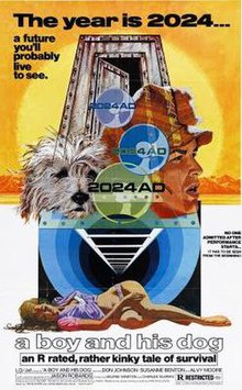 A vintage sci-fi movie poster for '2024 AD' featuring a dog and a boy in a futuristic setting with a large pyramid-like…