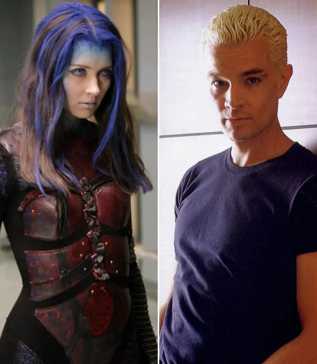 The image is a side-by-side split. On the left, a woman with blue-tinted hair and blue skin wears a red and black armored…