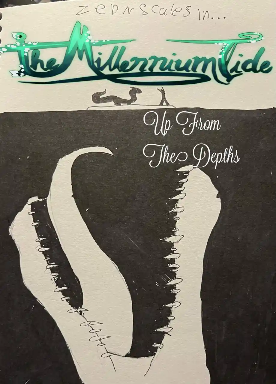 A hand-drawn album cover parody featuring a large, stylized creature with a gaping mouth and sharp teeth, rendered in black…