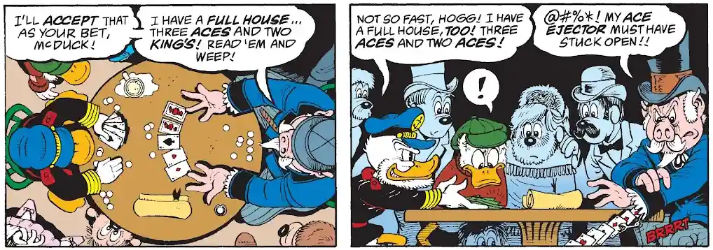 A two-panel comic strip shows Scrooge McDuck and a group of anthropomorphic animals playing poker. In the first panel…