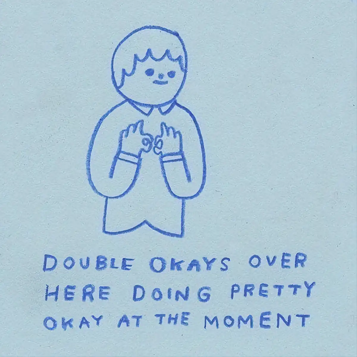 A simple blue ink drawing on light blue textured paper shows a stylized person with short hair, wearing a collared shirt…