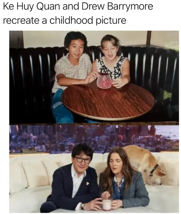The image displays two side-by-side photos: the top shows children Ke Huy Quan and Drew Barrymore sitting at a small round…