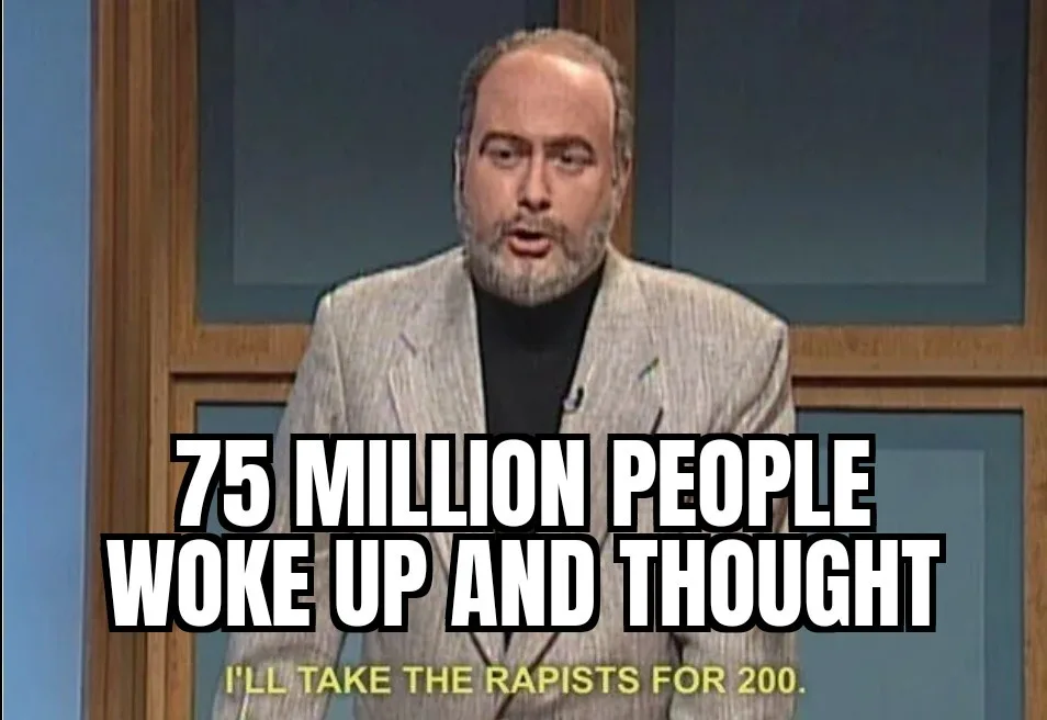 A man with a beard and gray suit jacket is shown on a game show set, looking surprised. Large white text overlaid on the…