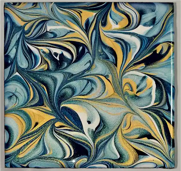 A square piece of abstract art featuring swirling patterns of blue, gold, white, and black with glittery texture, resembling…