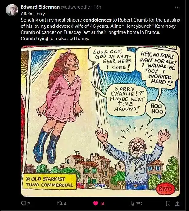 A comic strip depicts a woman in a pink dress and blue boots floating upwards while a man below with arms raised looks up in…