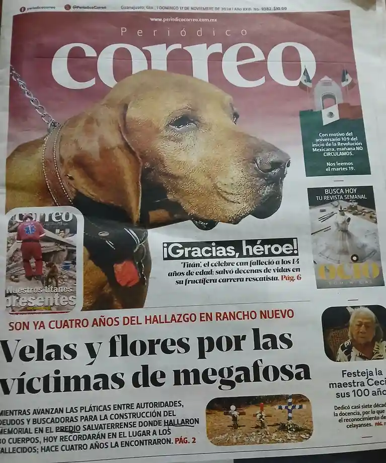 The image shows the front page of the Mexican newspaper 'Periódico Correo' featuring a large photo of a brown rescue dog…
