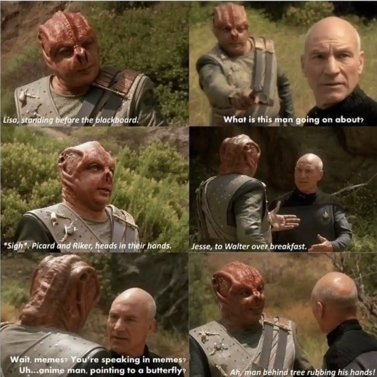 A six-panel Star Trek: The Next Generation meme featuring a red-skinned alien and Captain Picard. The alien, labeled 'Lisa…
