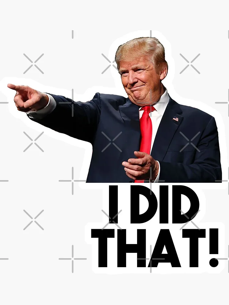 A photo of Donald Trump pointing to the side with a smug expression, wearing a dark suit and red tie, overlaid with bold…