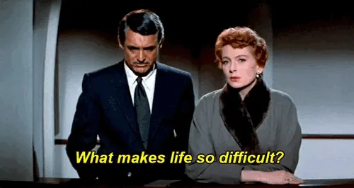 The image displays six identical frames of a classic film scene featuring a man in a dark suit and a woman in a grey coat…