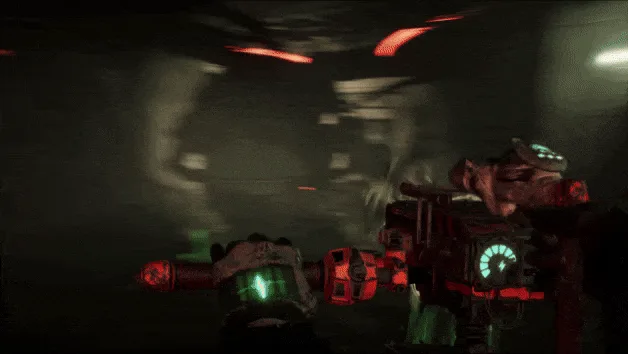 A six-panel sequence from a video game shows a player character in a dark, red-lit corridor. In the first three panels, the…