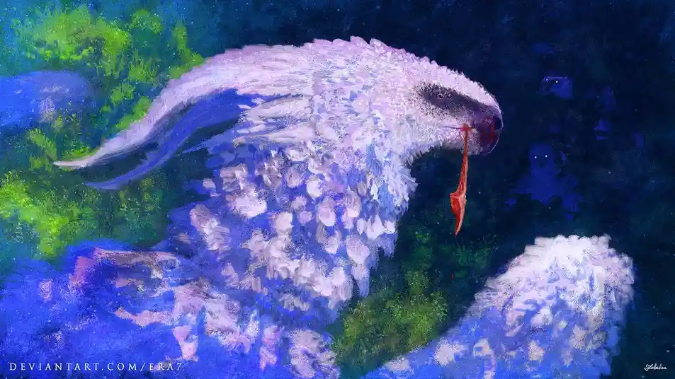 A surreal, painterly image depicts a large, fluffy, white creature resembling a sheep with a long tail and dark face, set…