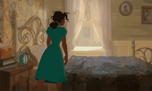 A sequence of six panels shows a woman in a teal dress in a bedroom. In the first three panels, she stands by her bed…