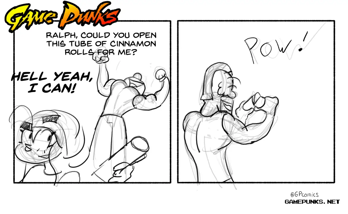 A two-panel comic strip from 'Game Punks' shows a character asking Ralph to open a tube of cinnamon rolls, to which Ralph…