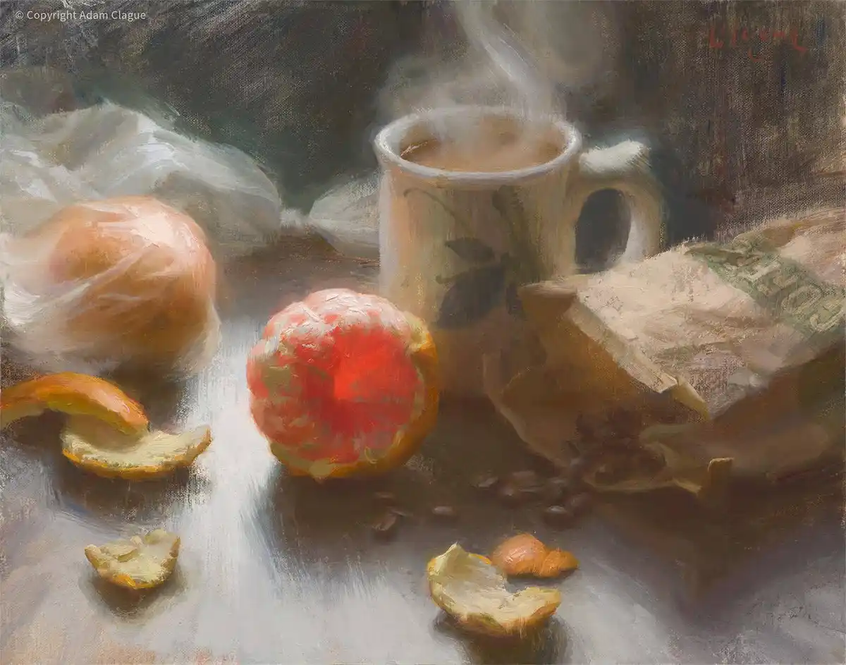 A still life painting shows a steaming mug of coffee next to a bag of coffee beans, a peeled grapefruit, and scattered…