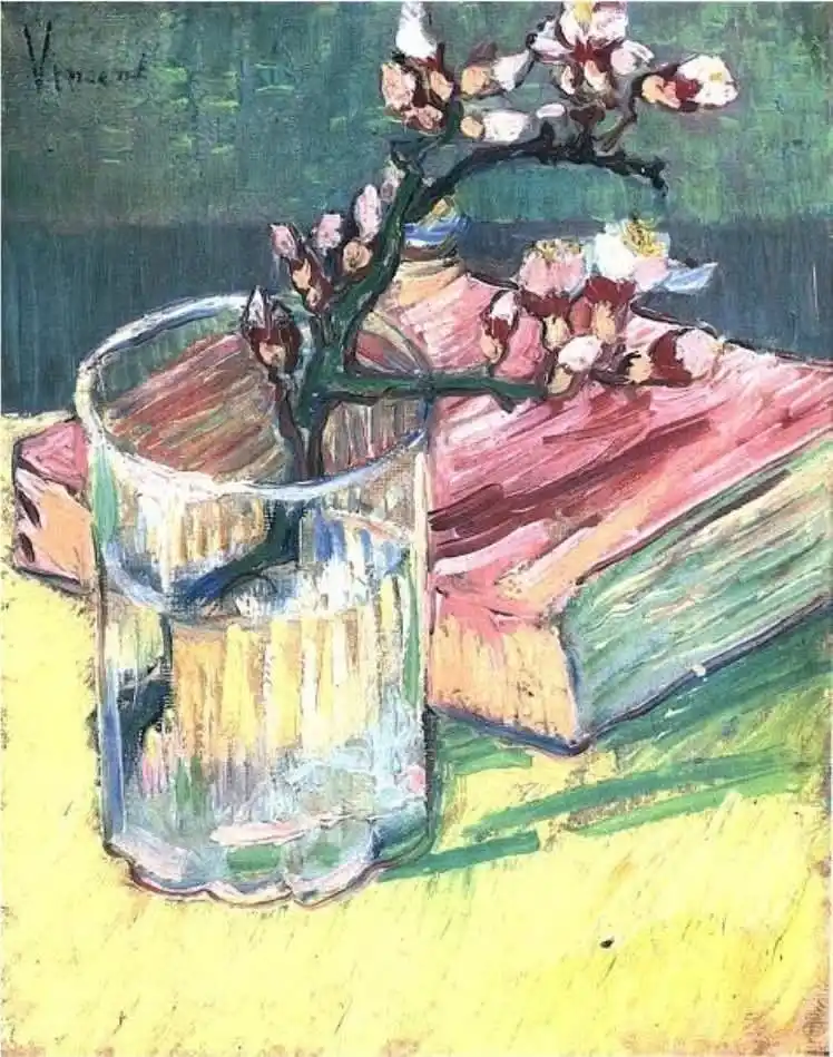 A still life painting by Vincent van Gogh featuring a glass vase holding a flowering almond branch, resting on a yellow…