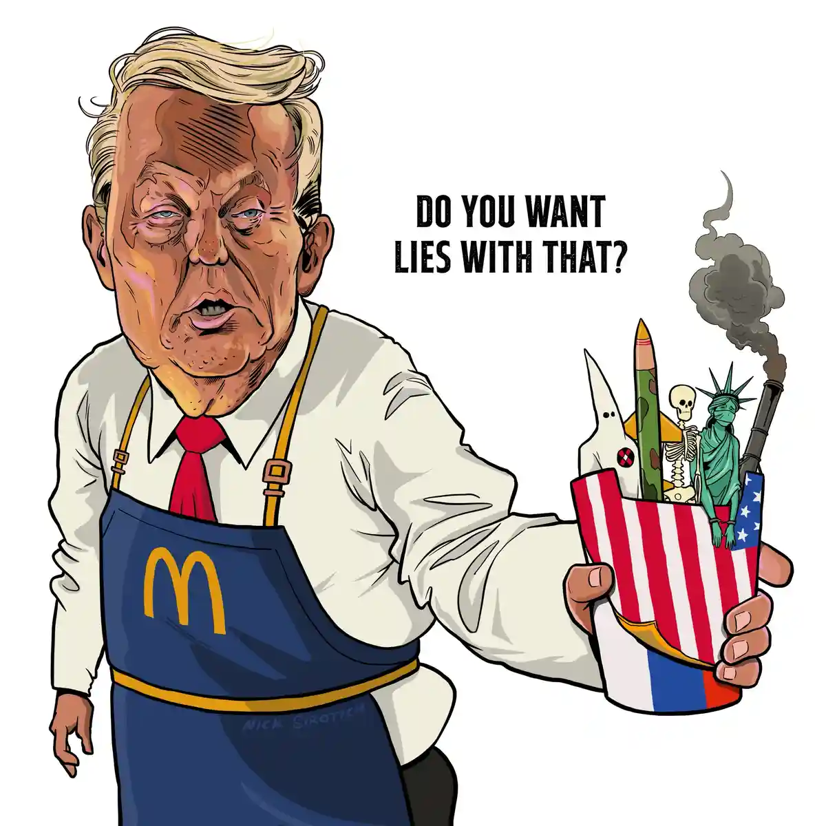 A cartoon caricature of Donald Trump wearing a McDonald's apron holds out a cup decorated with the American flag, filled…