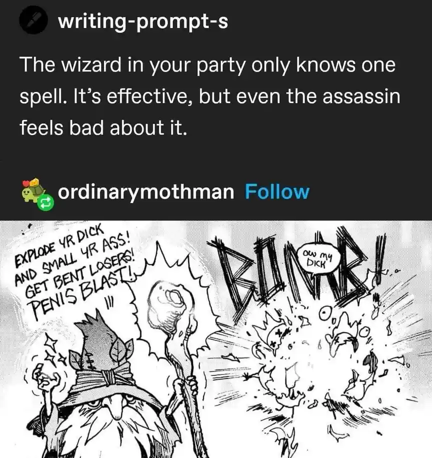 A black-and-white comic panel shows a wizard casting a spell that explodes violently, with text reading 'EXPLODE YR DICK AND…