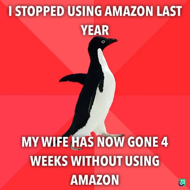 A black-and-white penguin stands against a red background with white text overlaid. The text reads 'I STOPPED USING AMAZON…