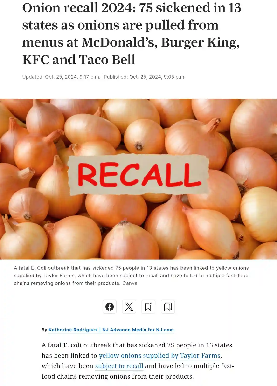 An image of a pile of yellow onions is overlaid with a torn paper graphic that reads 'RECALL' in red letters. The image is…