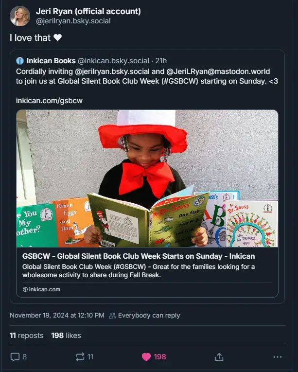 A screenshot of a social media post by Jeri Ryan's official account, which replies to a tweet from Inkican Books. The tweet…