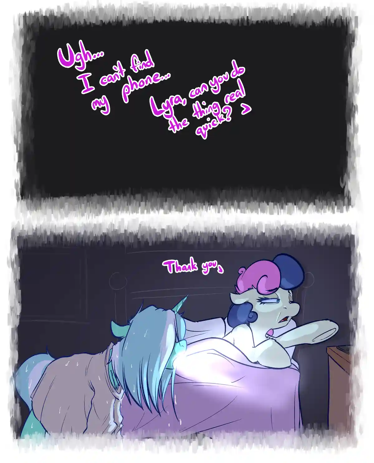 A cartoon pony with blue hair and a green horn is lying in bed, visibly distressed and sweating, as another pony with pink…
